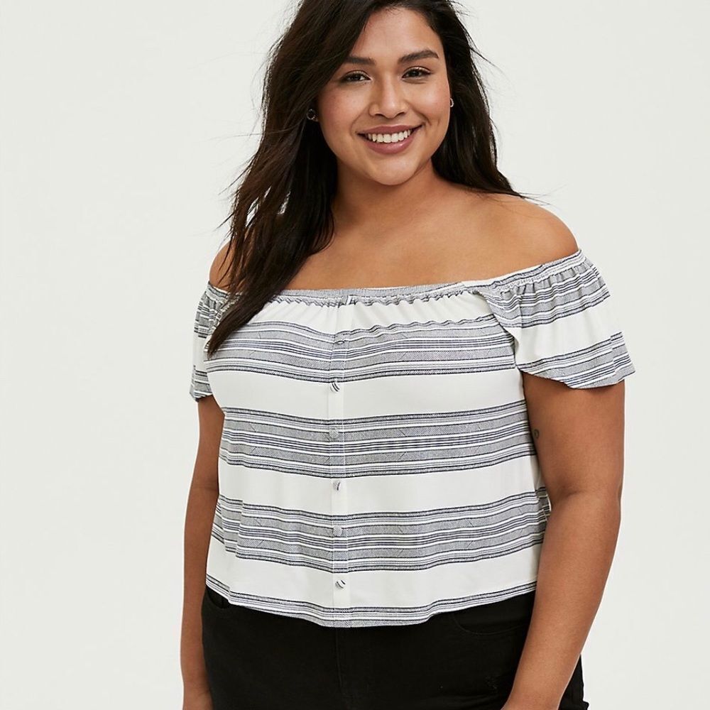 TORRID Super Soft Knits Multi Stripe Off‎ Shoulder Crop Top